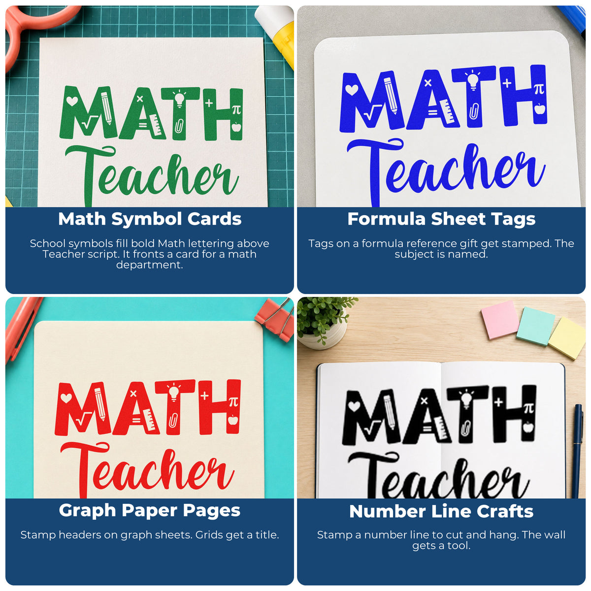 Four ways to use the Duo Hand Math Teacher Rubber Stamp: math symbol cards, formula sheet tags, graph paper pages and number line crafts.