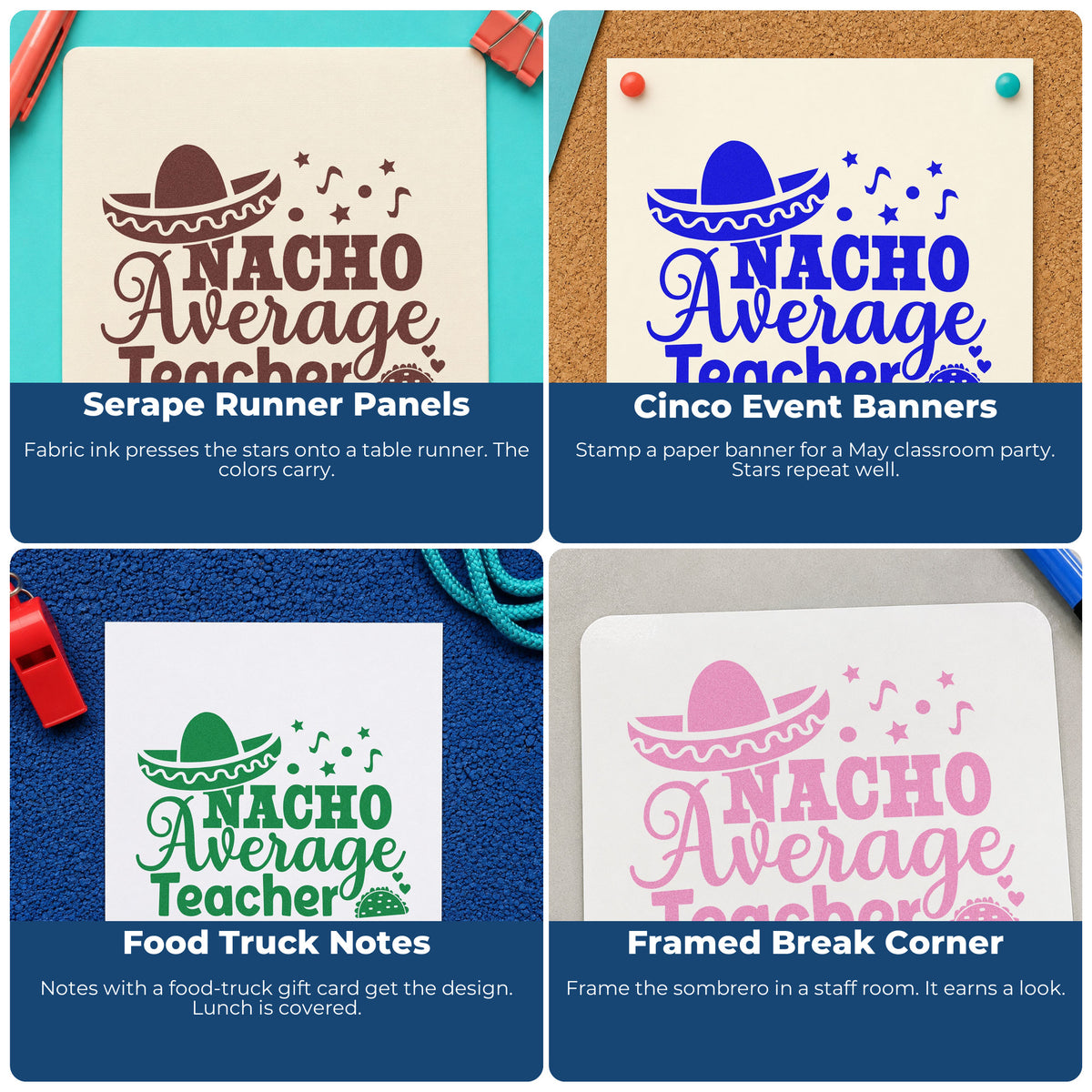 Rubber stamp examples for teachers: classroom art, bulletin boards, SEL notes, and personalized hall passes or student messages.