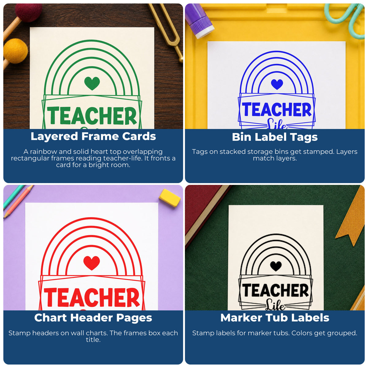 Four ways to use the Teacher Life Rainbow Framed Lettering PSI Pre-Inked Stamp: layered frame cards, bin label tags, chart header pages and marker tub labels.