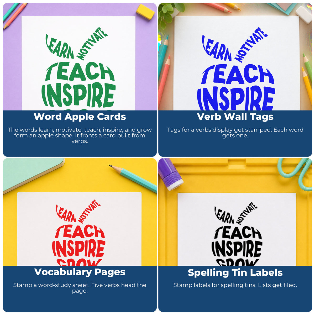 Four ways to use the Teach Inspire Grow Apple Stamp – PSI Pre-Inked: word apple cards, verb wall tags, vocabulary pages and spelling tin labels.