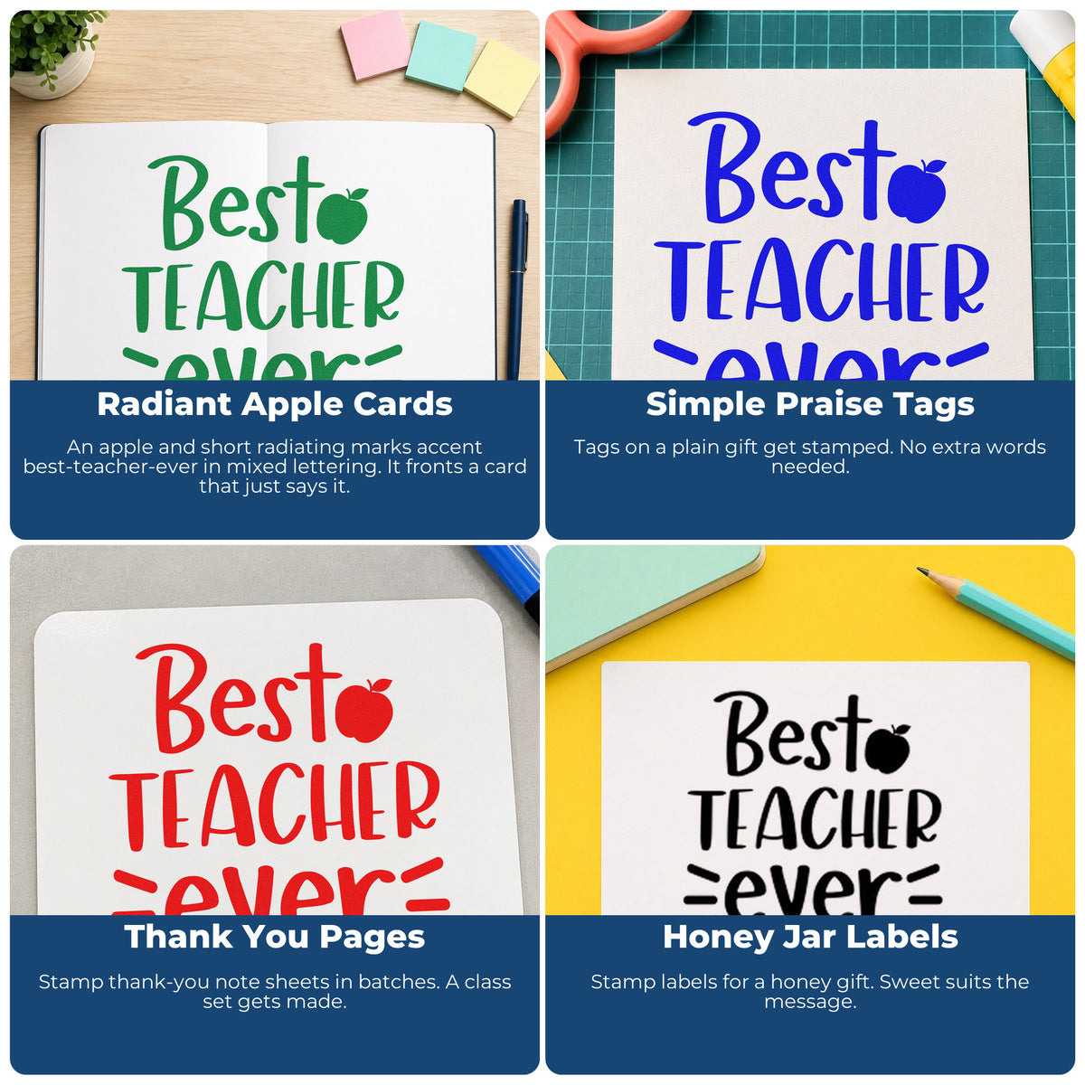 Teacher rubber stamp collage for grading, parent communication, student rewards, and homework folders in the classroom.