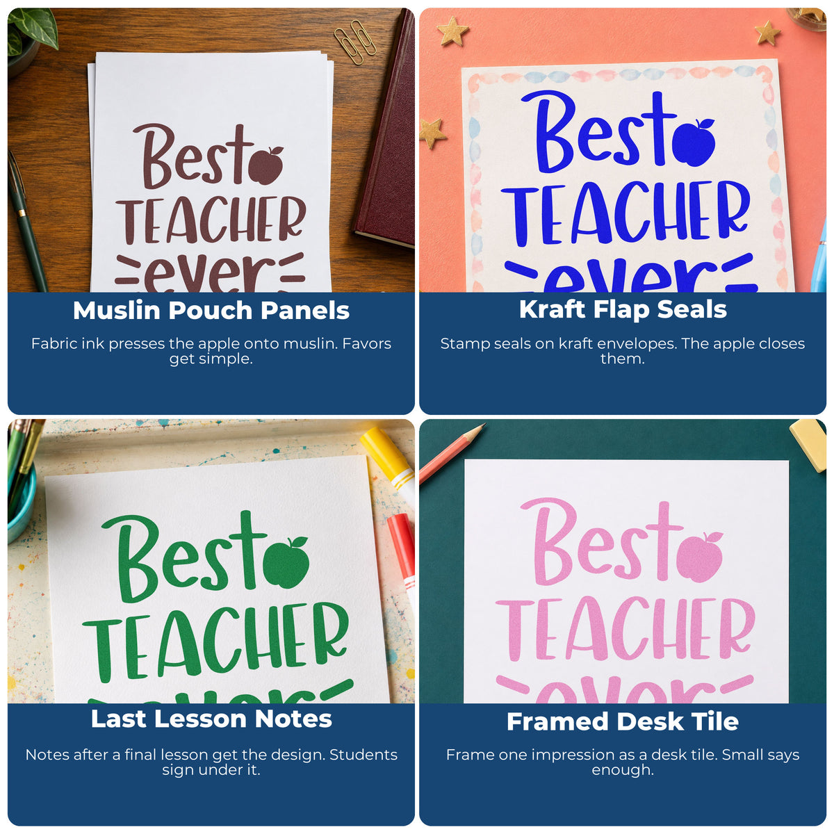 Classroom rubber stamp collage showing custom teacher stamps for art projects, bulletin boards, SEL, and hall passes.