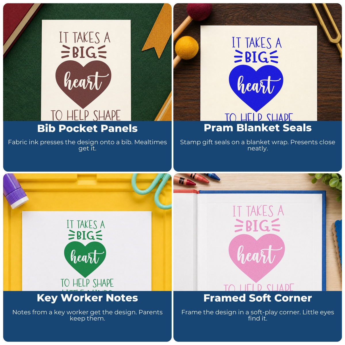 Four ways to use the Big Heart Helps Little Minds Script Lettering Pre-Inked Stamp – Slim: bib pocket panels, pram blanket seals, key worker notes and framed soft corner.