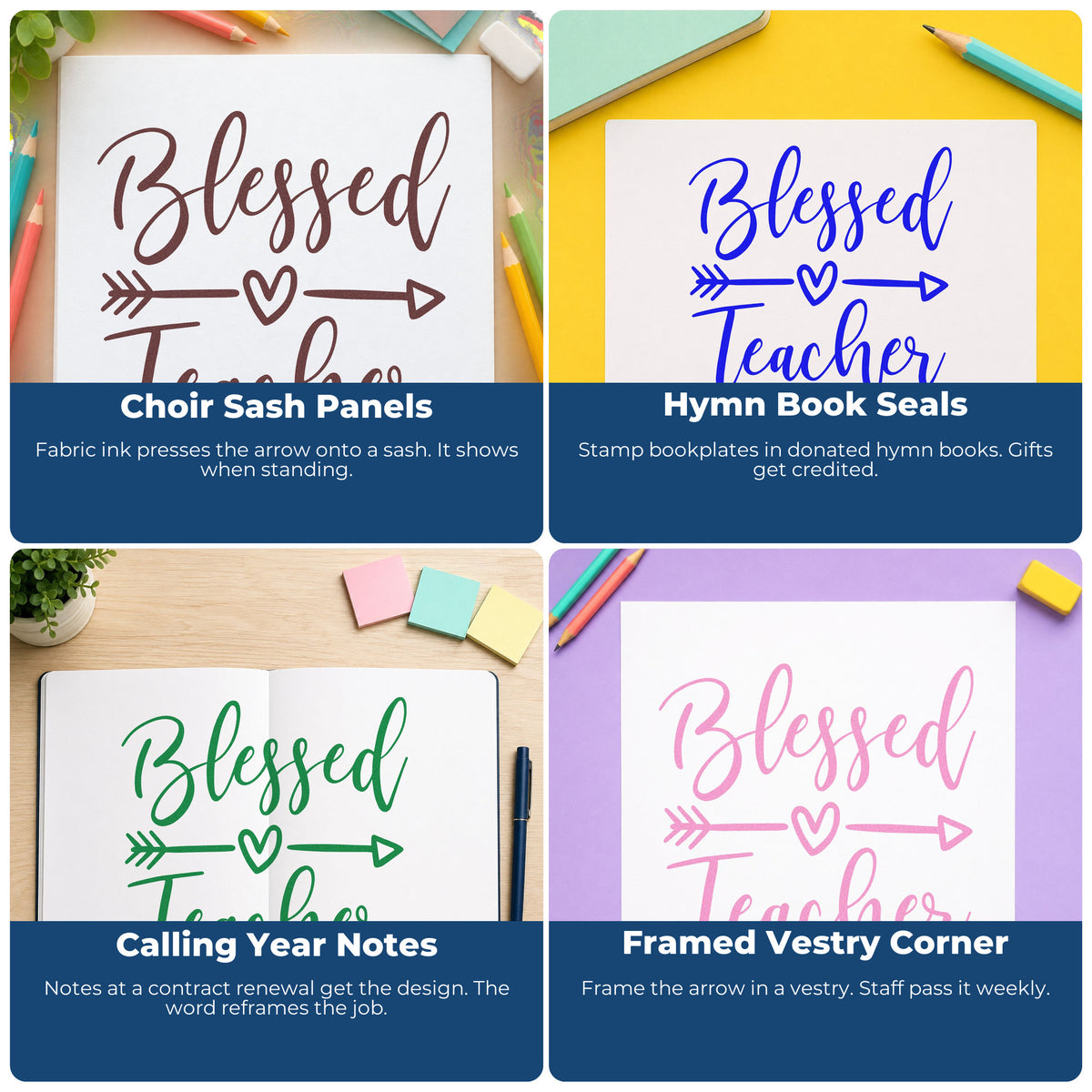 Four ways to use the Blessed Teacher Heart Arrow Stamp – Duo Hand: choir sash panels, hymn book seals, calling year notes and framed vestry corner.