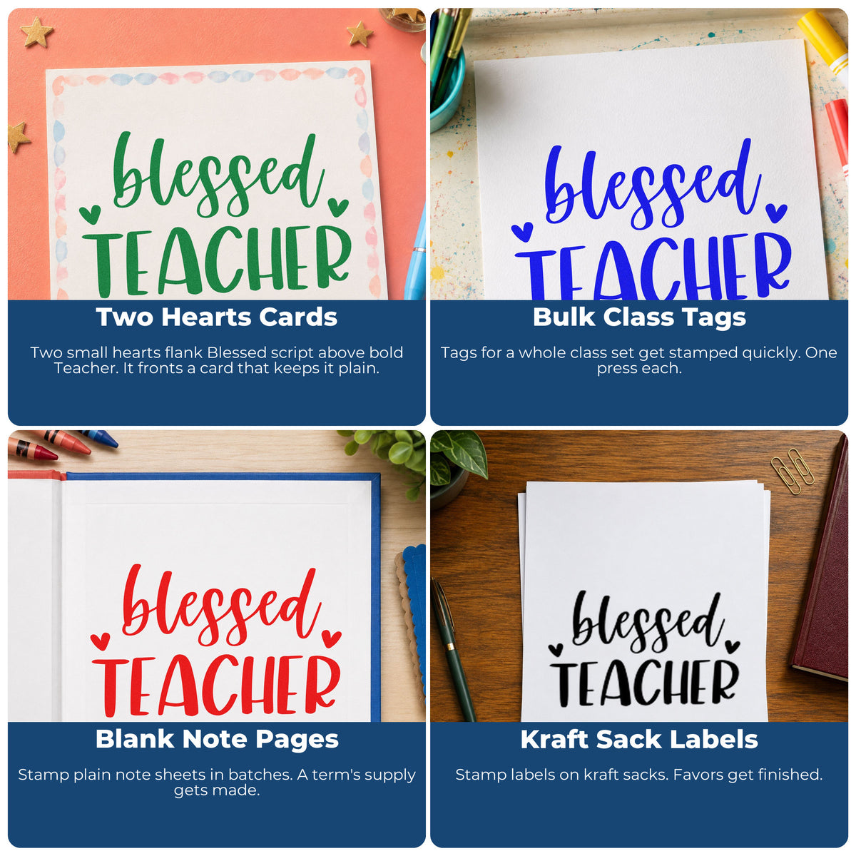 Four ways to use the Premium Wooden Blessed Teacher Hearts Script Lettering Stamp - Vintage Pro: two hearts cards, bulk class tags, blank note pages and kraft sack labels.