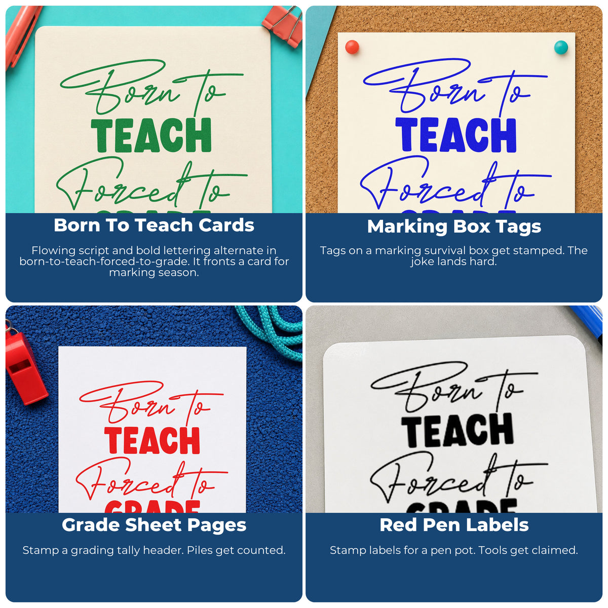 Teacher rubber stamp ideas for grading, parent communication, student rewards, and homework folders.