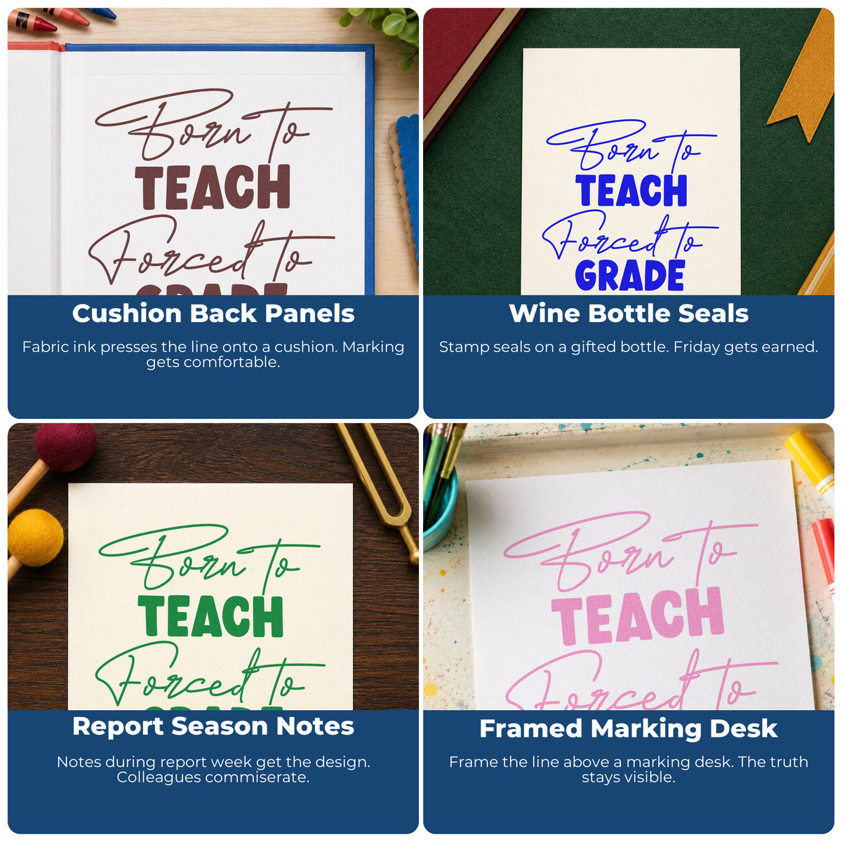 Classroom rubber stamp ideas for teachers, including craft projects, bulletin boards, SEL messages, and hall passes.