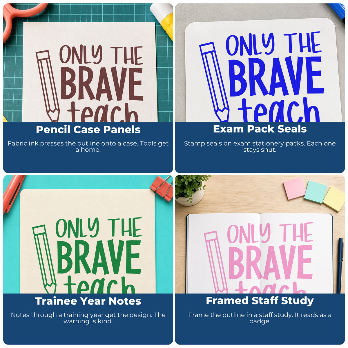 Four ways to use the Only The Brave Teach Pencil Compact Pre-Inked Stamp – Slim: pencil case panels, exam pack seals, trainee year notes and framed staff study.