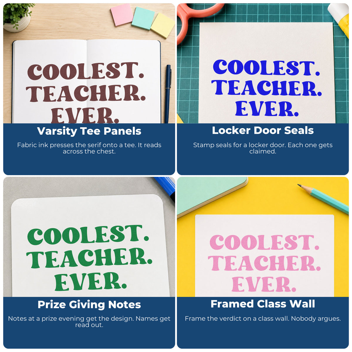 Teacher rubber stamp ideas for classroom projects, bulletin boards, SEL, and hall passes with custom phrases and icons.