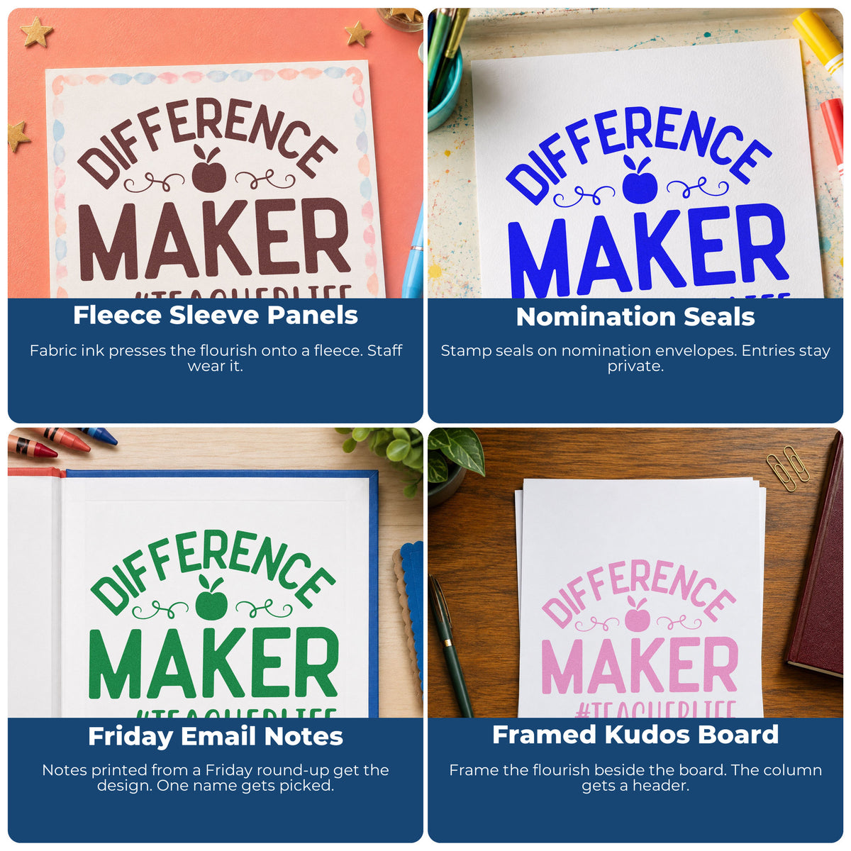 Four ways to use the Difference Maker Teacher Life Self-Inking Stamp: fleece sleeve panels, nomination seals, friday email notes and framed kudos board.