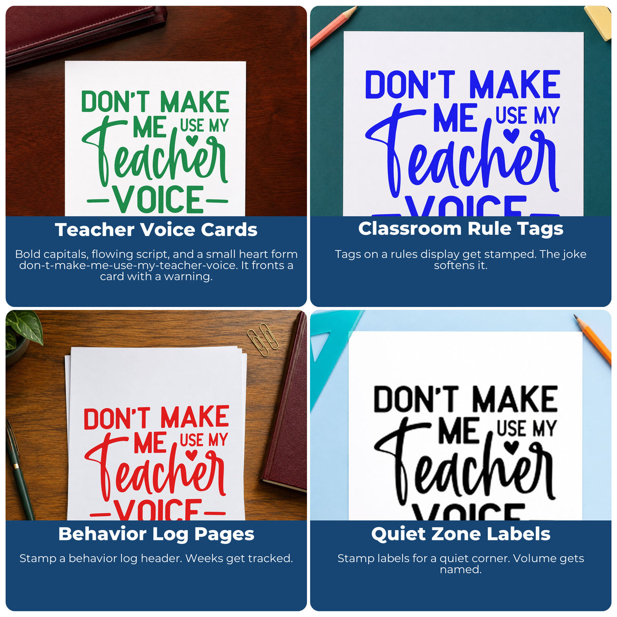 Teacher rubber stamp ideas for grading, parent communication, student rewards, and homework folders.