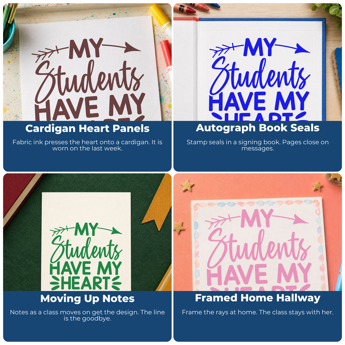 Teacher rubber stamps shown on cards for classroom projects, bulletin boards, SEL, and hall passes.