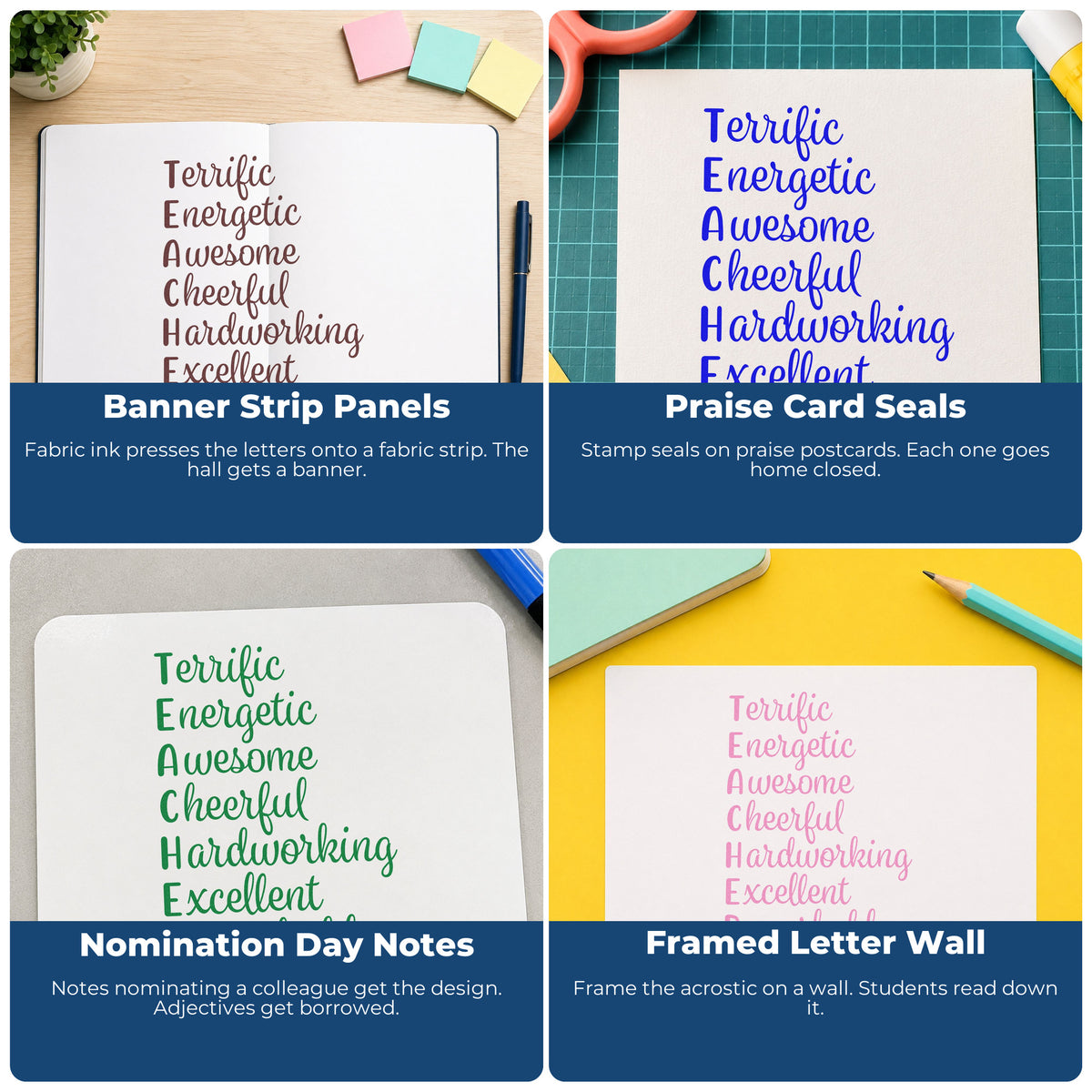 Four ways to use the Teacher Positive Traits Word Ladder Slim Pre-Inked Stamp: banner strip panels, praise card seals, nomination day notes and framed letter wall.