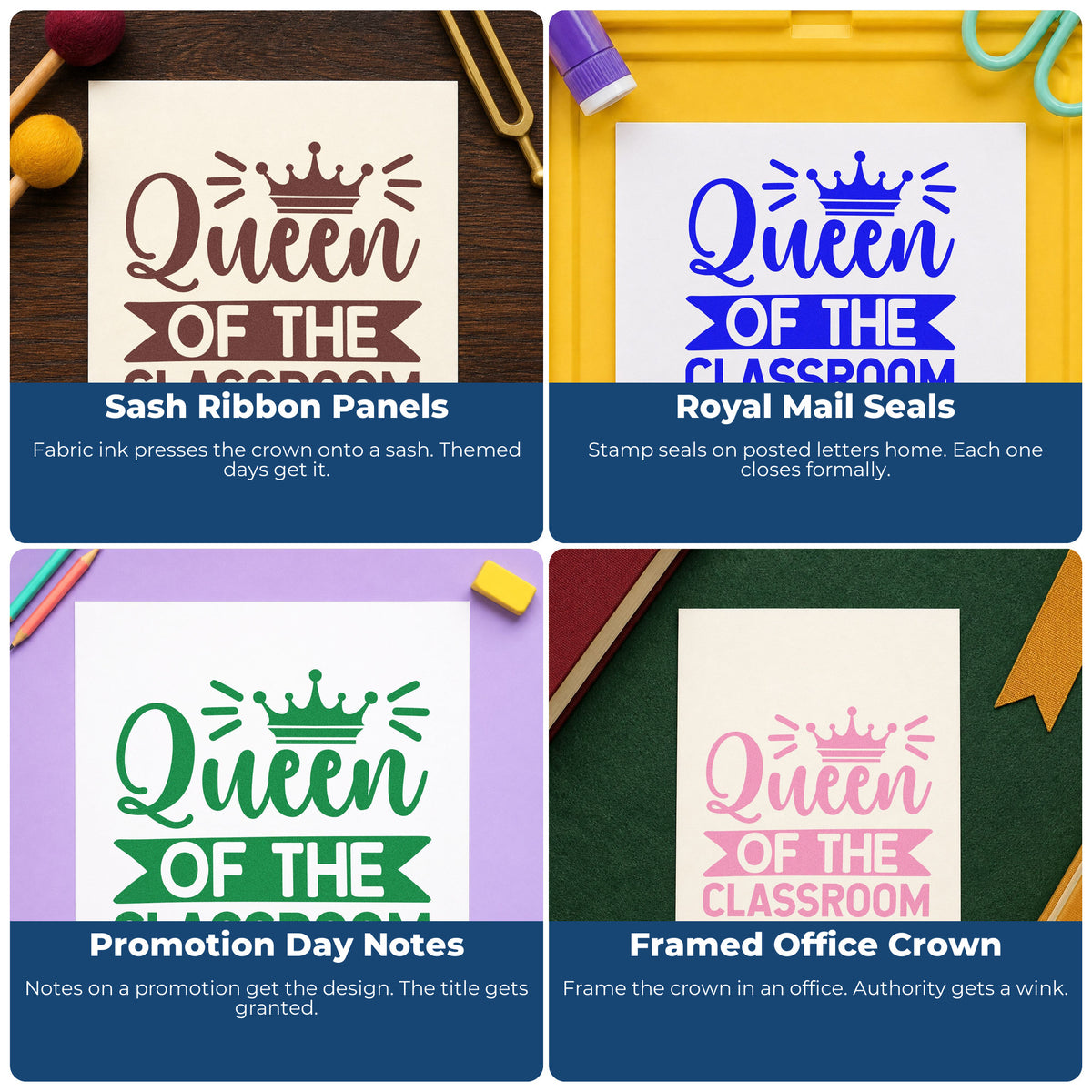 Teacher rubber stamps for classroom crafts, bulletin boards, SEL activities, and hall passes with custom educational designs.