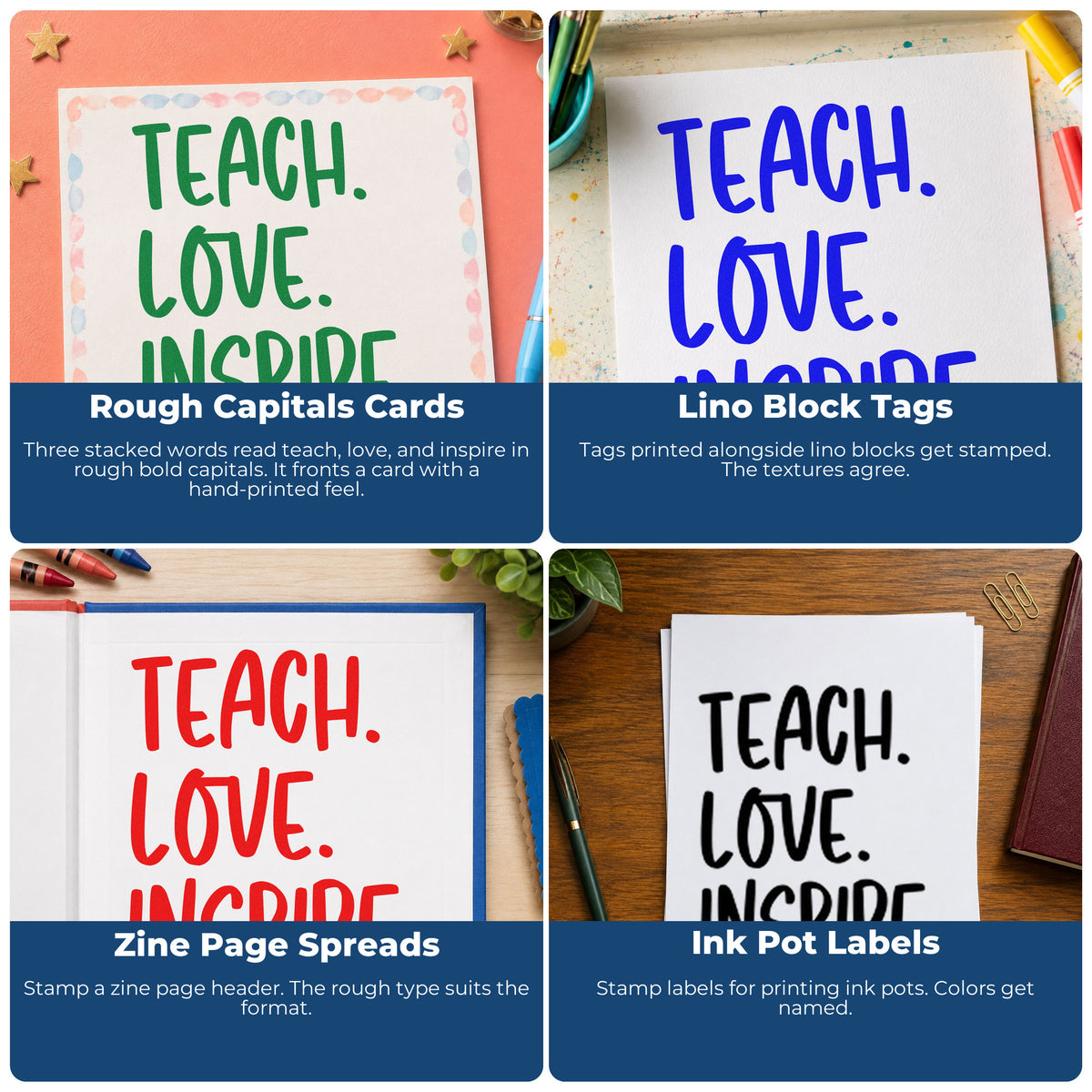 Collage of teacher rubber stamps for grading, parent communication, student rewards, and homework folder reminders.