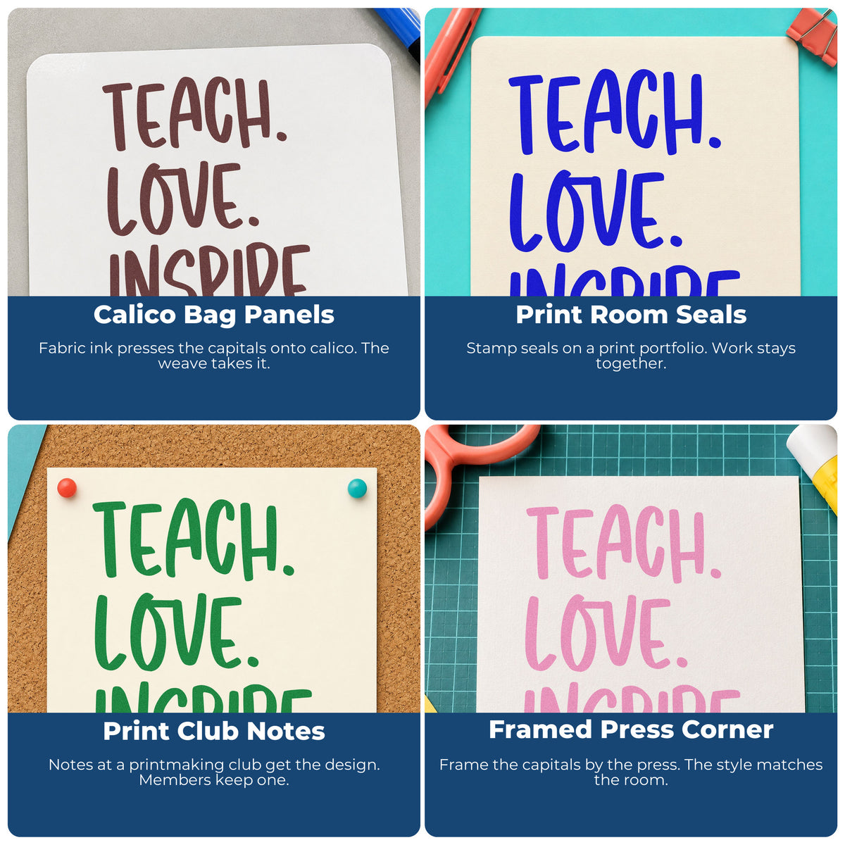 Teacher rubber stamp ideas for classroom crafts, bulletin boards, SEL activities, and personalized hall passes or student notes.