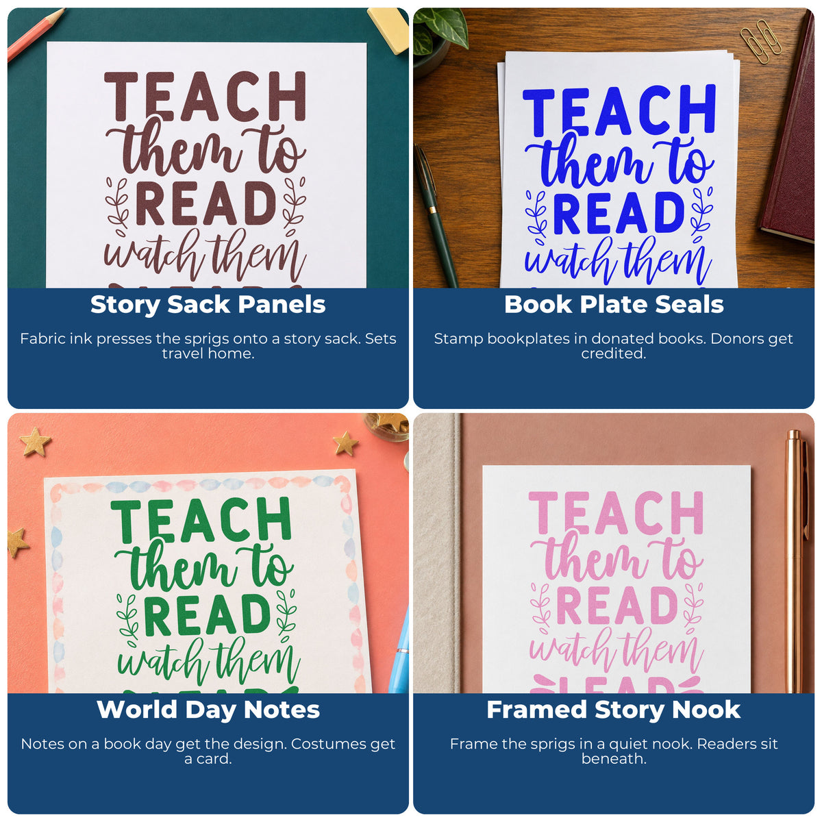 Four ways to use the Teach Read Watch Lead Pre-Inked Stamp – Slim: story sack panels, book plate seals, world day notes and framed story nook.