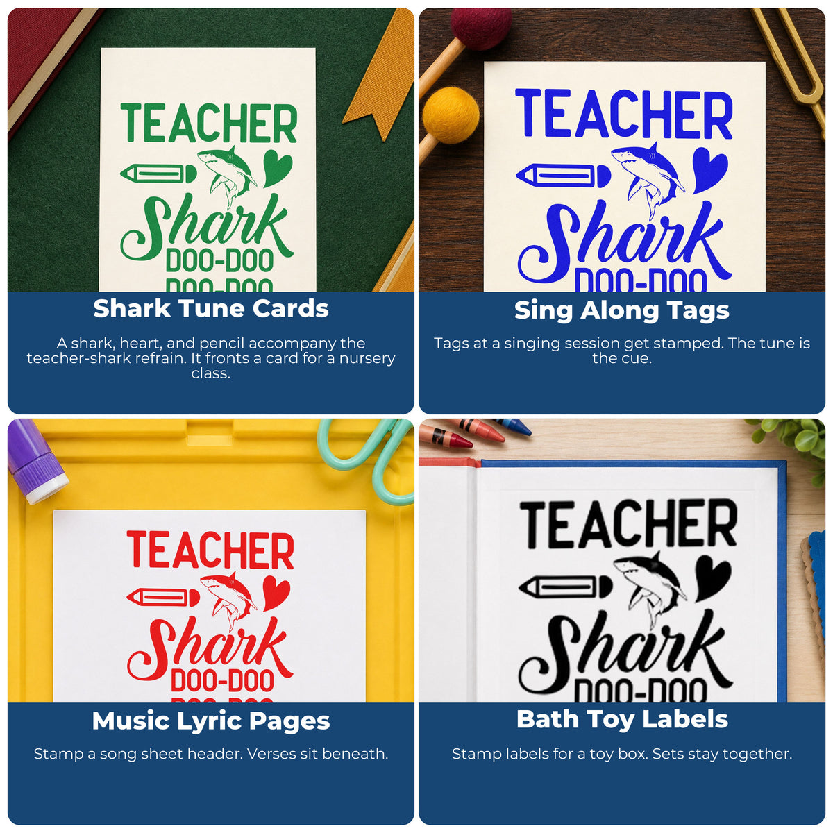 Four ways to use the Premium Wooden Teacher Shark Doo-Doo Doo-Doo Pencil Stamp - Vintage Pro: shark tune cards, sing along tags, music lyric pages and bath toy labels.