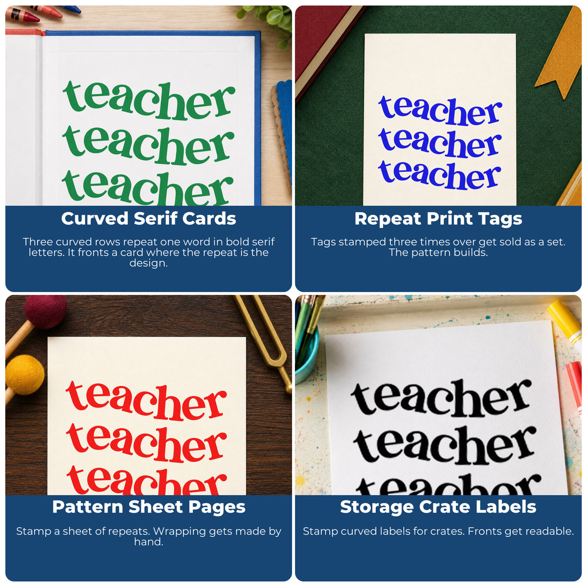 Teacher rubber stamp examples for grading, parent communication, student rewards, and homework folder reminders.