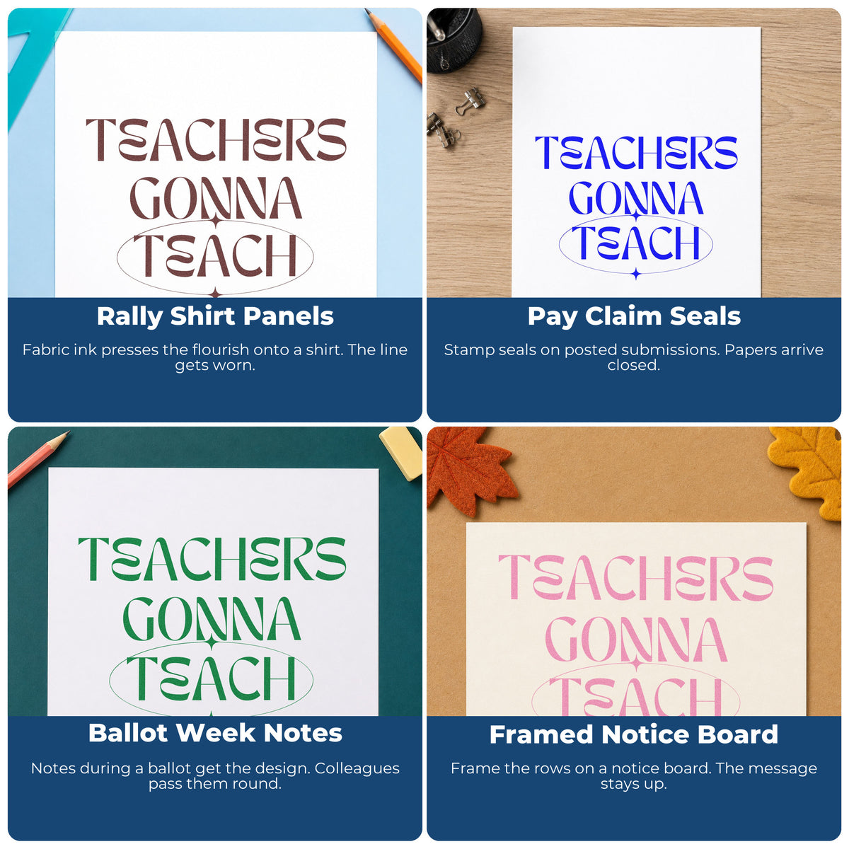 Teacher-themed rubber stamp examples for classroom crafts, bulletin boards, social-emotional learning, and hall passes.