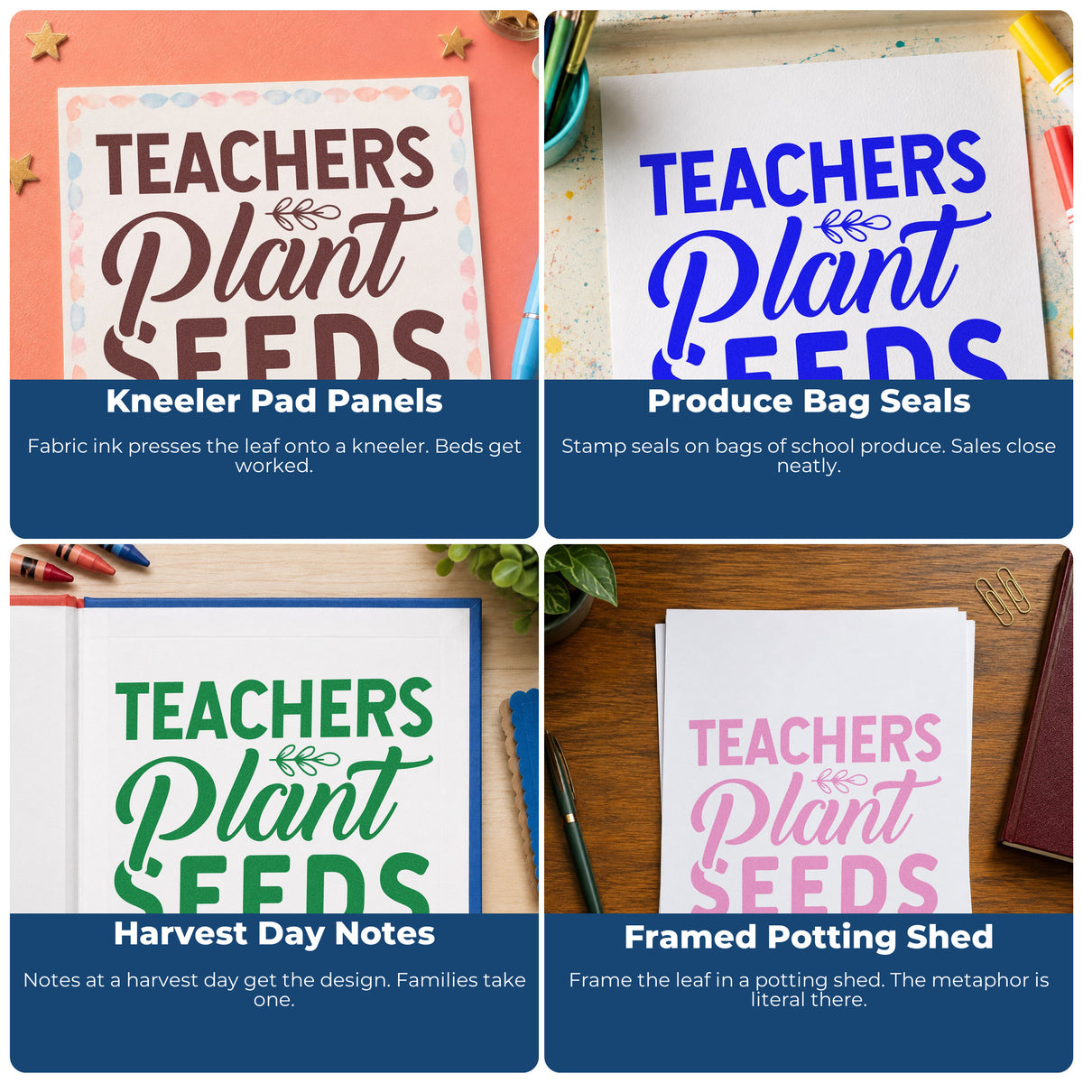Custom rubber stamps for teachers showing classroom crafts, bulletin boards, SEL, and hall passes or student notes.