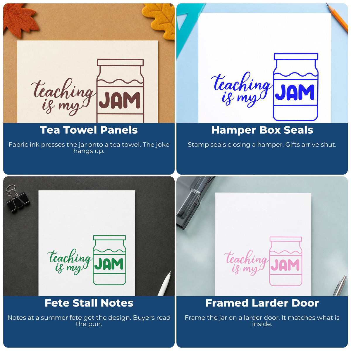 Classroom rubber stamp examples for teachers: art projects, bulletin boards, SEL, and hall passes with custom school-themed designs.