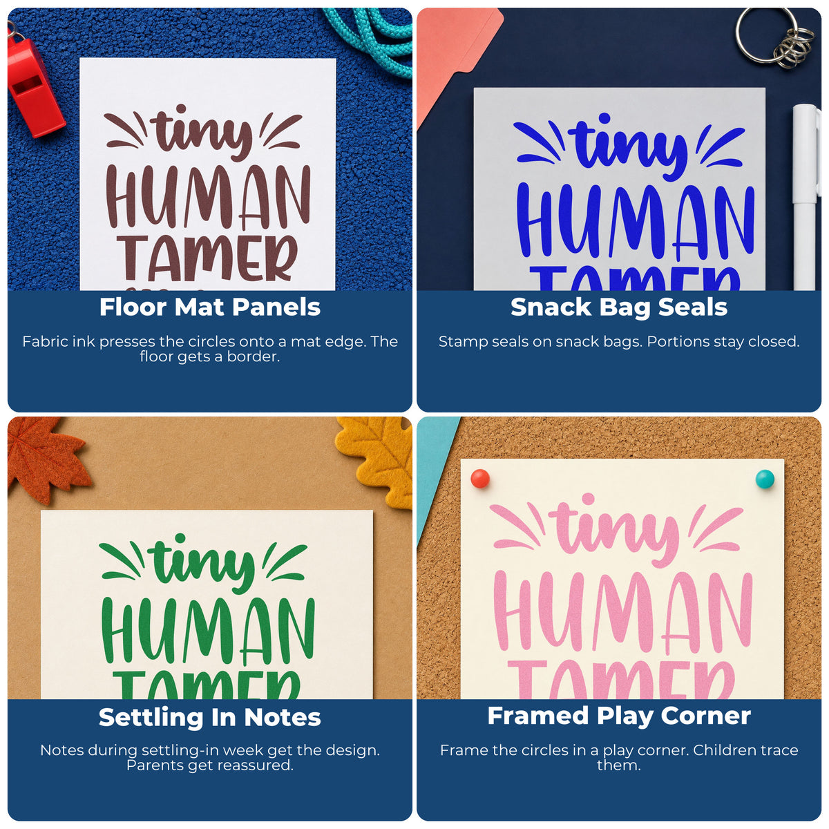 Four ways to use the Tiny Human Tamer Lettering Stamp – Duo Hand: floor mat panels, snack bag seals, settling in notes and framed play corner.