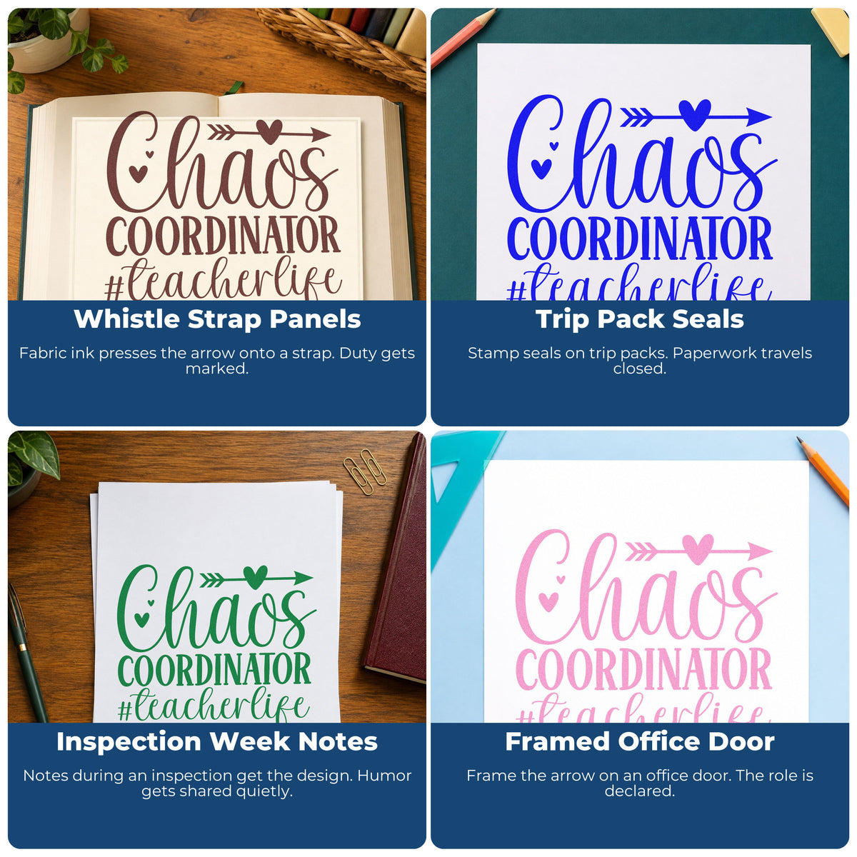 Four ways to use the Chaos Coordinator Teacher Life Pre-Inked Stamp – PSI: whistle strap panels, trip pack seals, inspection week notes and framed office door.
