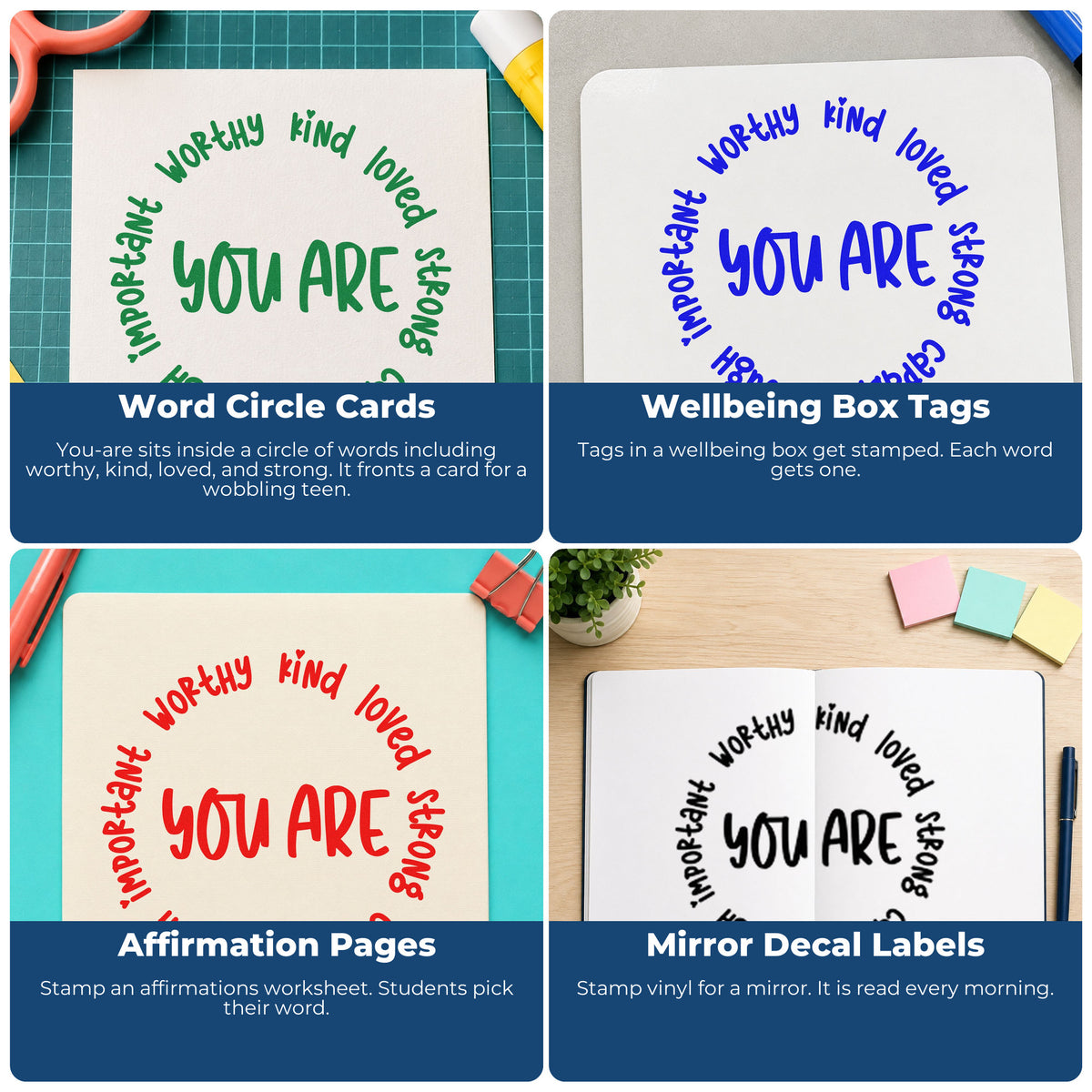 Educational rubber stamps for teachers: grading feedback, parent communication, student rewards, and homework folders.