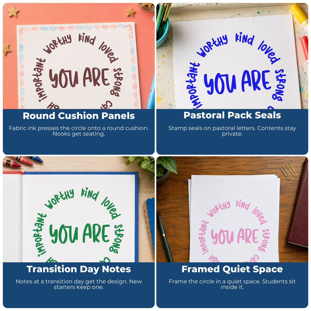 Four ways to use the You Are Positive Qualities Circular Layout Slim Pre-Inked Stamp: round cushion panels, pastoral pack seals, transition day notes and framed quiet space.