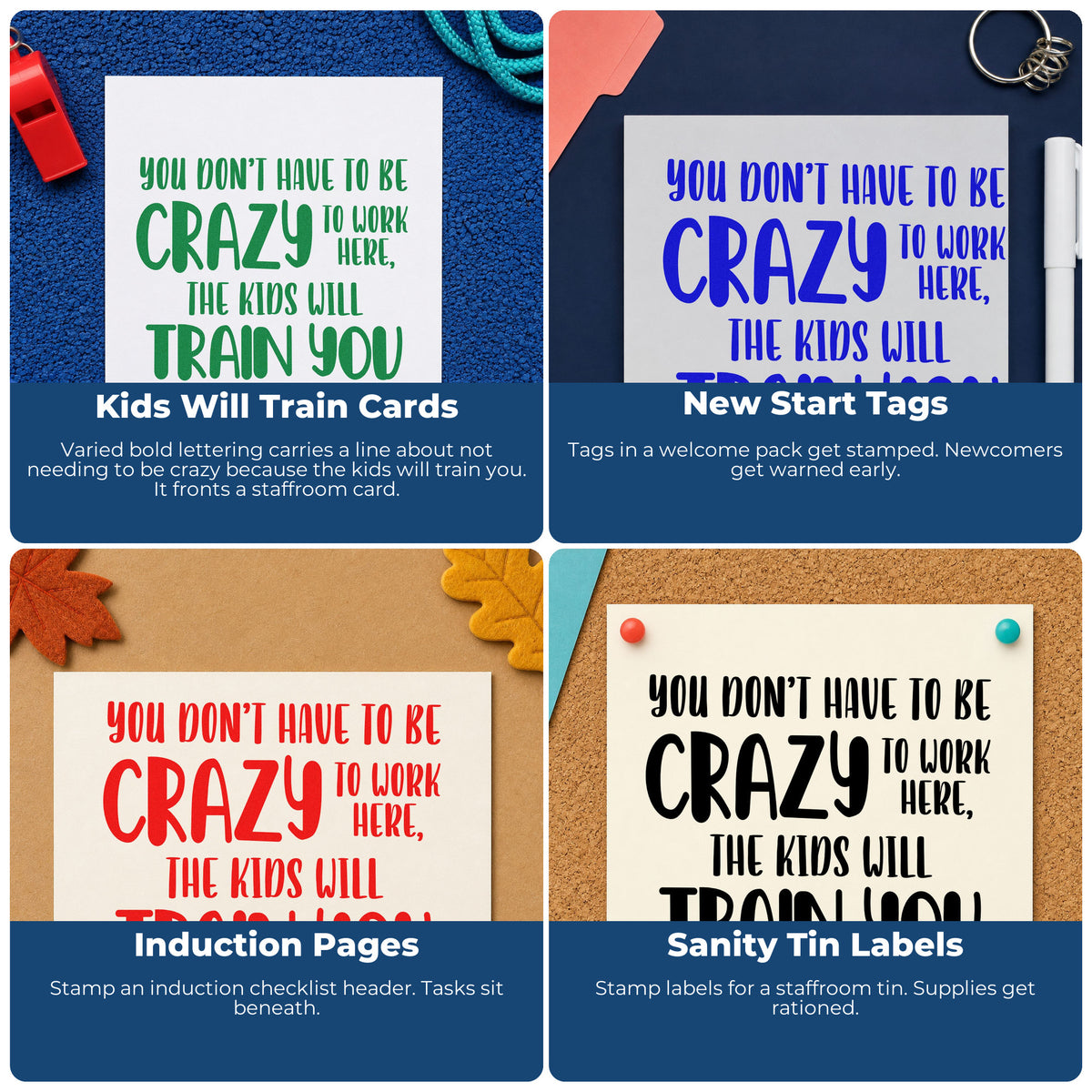 Four ways to use the Slim Pre-Inked Crazy Kids Will Train You Stamp: kids will train cards, new start tags, induction pages and sanity tin labels.