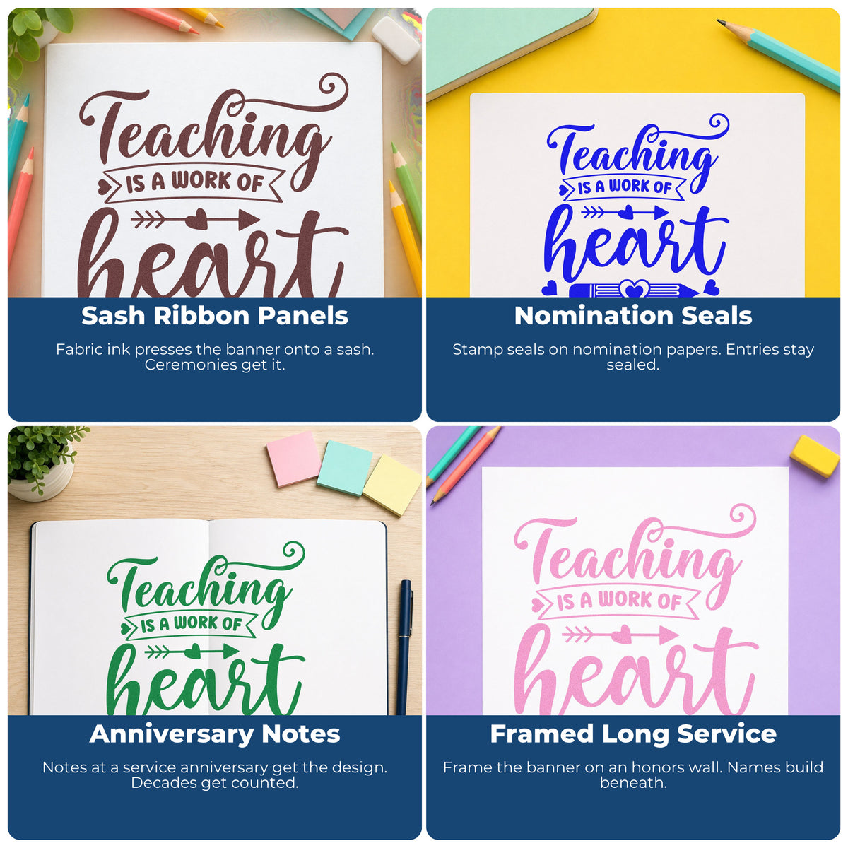 Teacher rubber stamp examples for classroom crafts, bulletin boards, social-emotional learning, and hall passes.