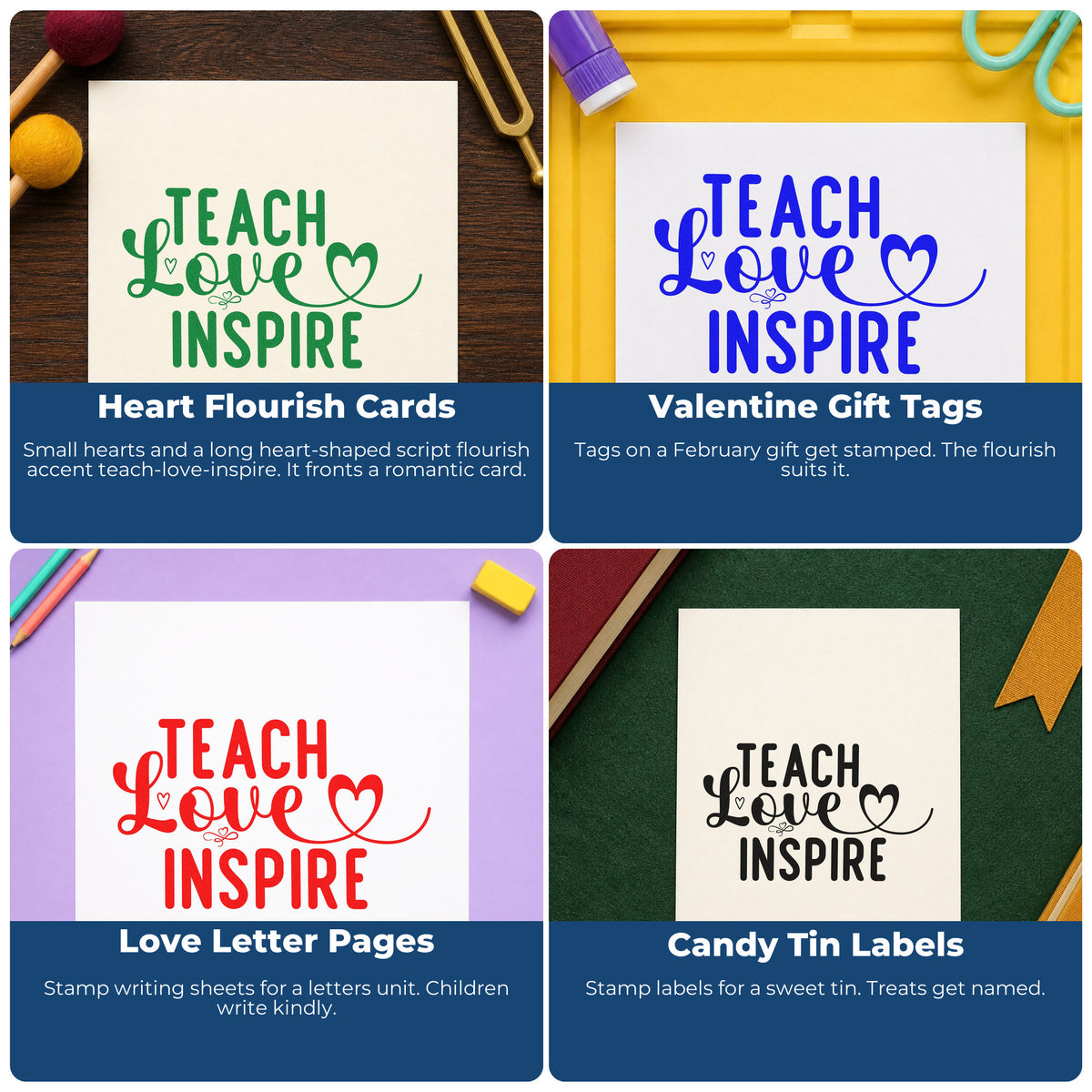 Classroom rubber stamps for grading, parent notes, student rewards, and homework folder reminders.