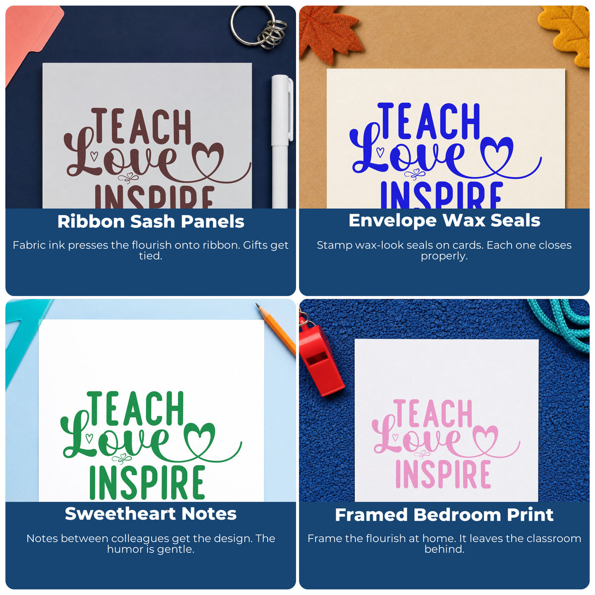 Teacher rubber stamps for classroom projects, bulletin boards, social-emotional learning, and hall passes with custom sayings.