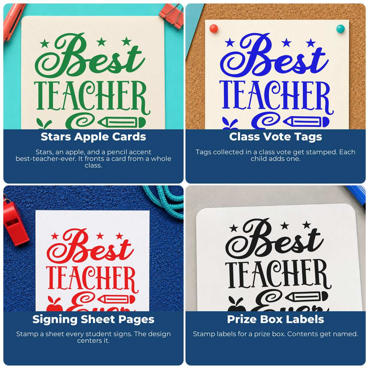 Four ways to use the Best Teacher Ever Stars Rubber Stamp – Duo Hand: stars apple cards, class vote tags, signing sheet pages and prize box labels.
