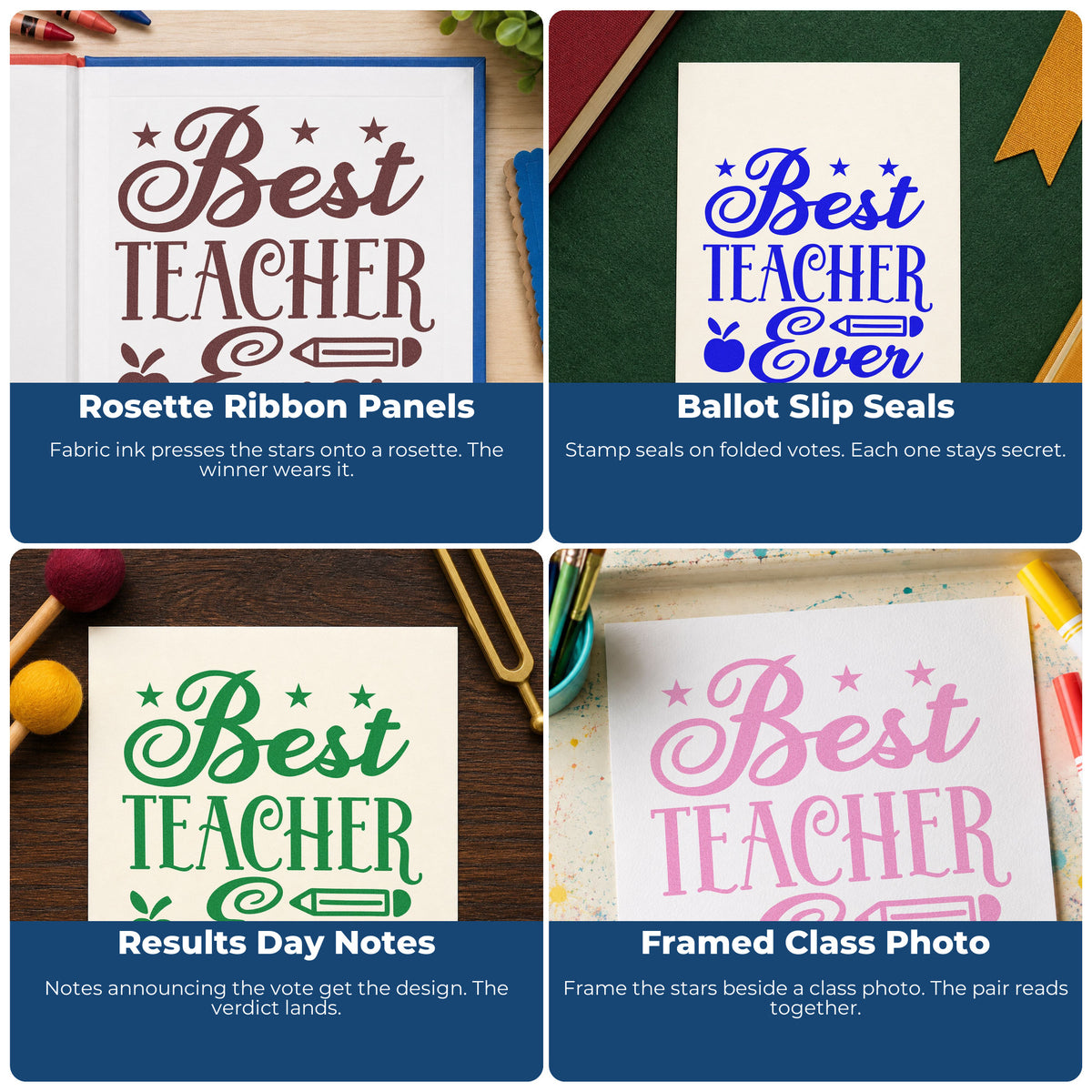 Four ways to use the Best Teacher Ever Stars Rubber Stamp – Duo Hand: rosette ribbon panels, ballot slip seals, results day notes and framed class photo.