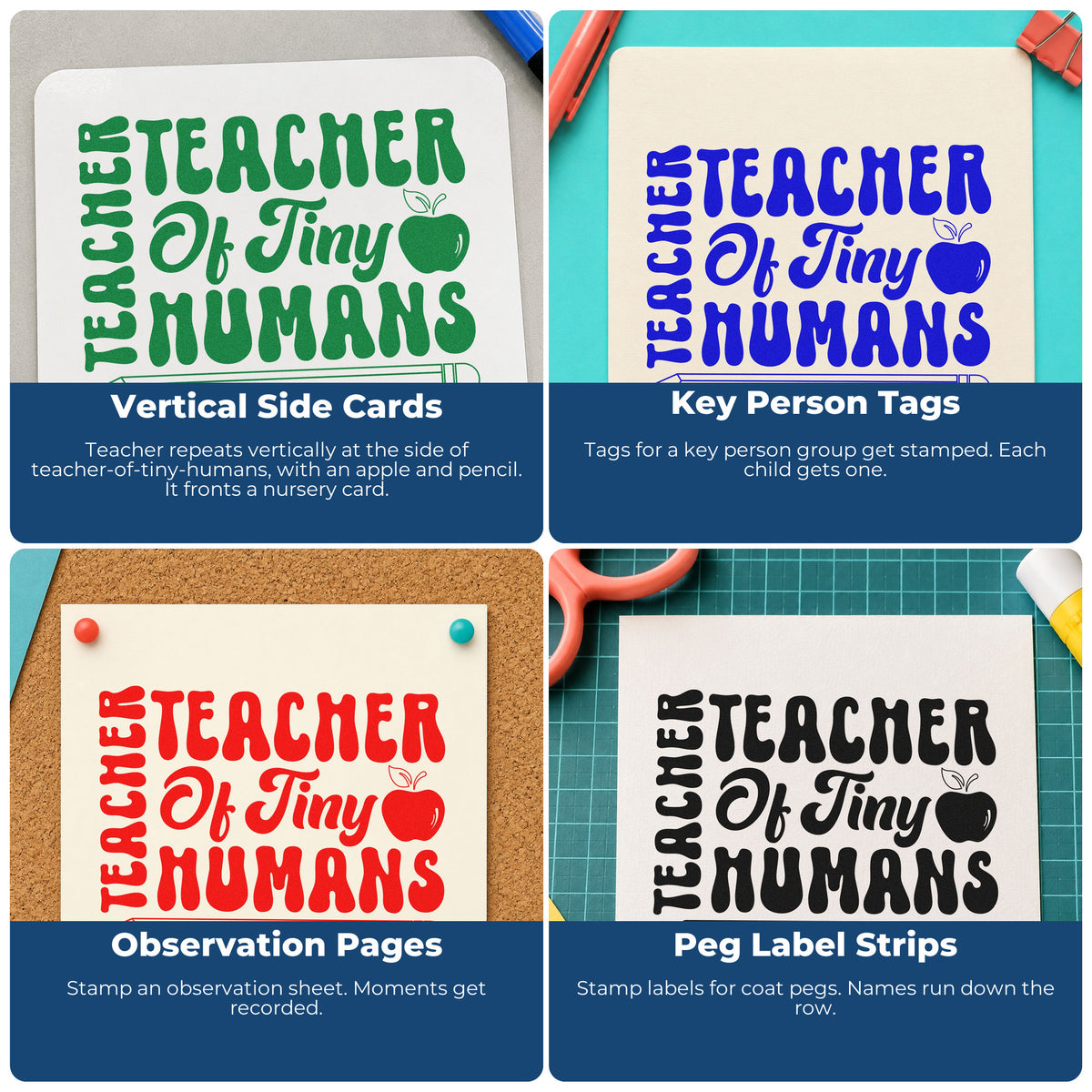Four ways to use the Teacher Of Tiny Humans Pencil Apple Stamp – Self-Inking: vertical side cards, key person tags, observation pages and peg label strips.