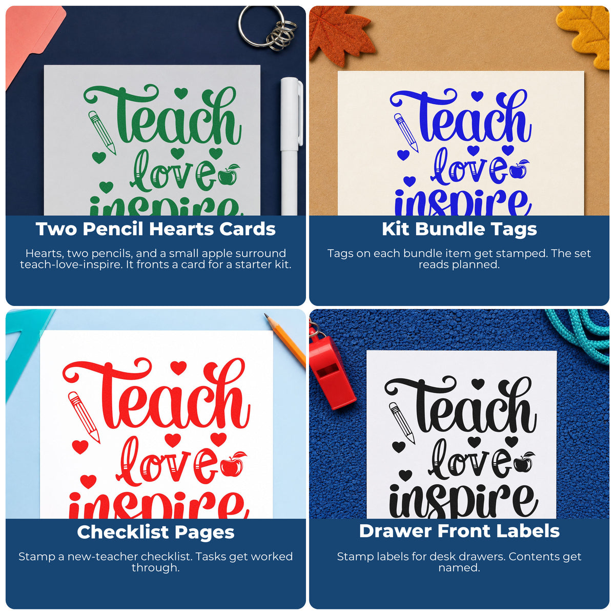 Four ways to use the Teach Love Inspire Hearts Hand Stamp – Duo: two pencil hearts cards, kit bundle tags, checklist pages and drawer front labels.