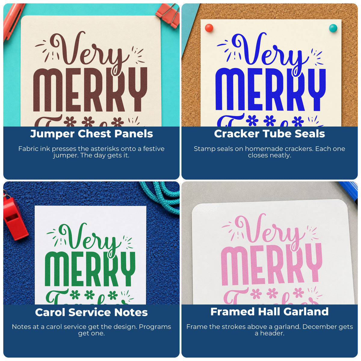 Four ways to use the Wood Handle Very Merry Teacher Rubber Stamp: jumper chest panels, cracker tube seals, carol service notes and framed hall garland.