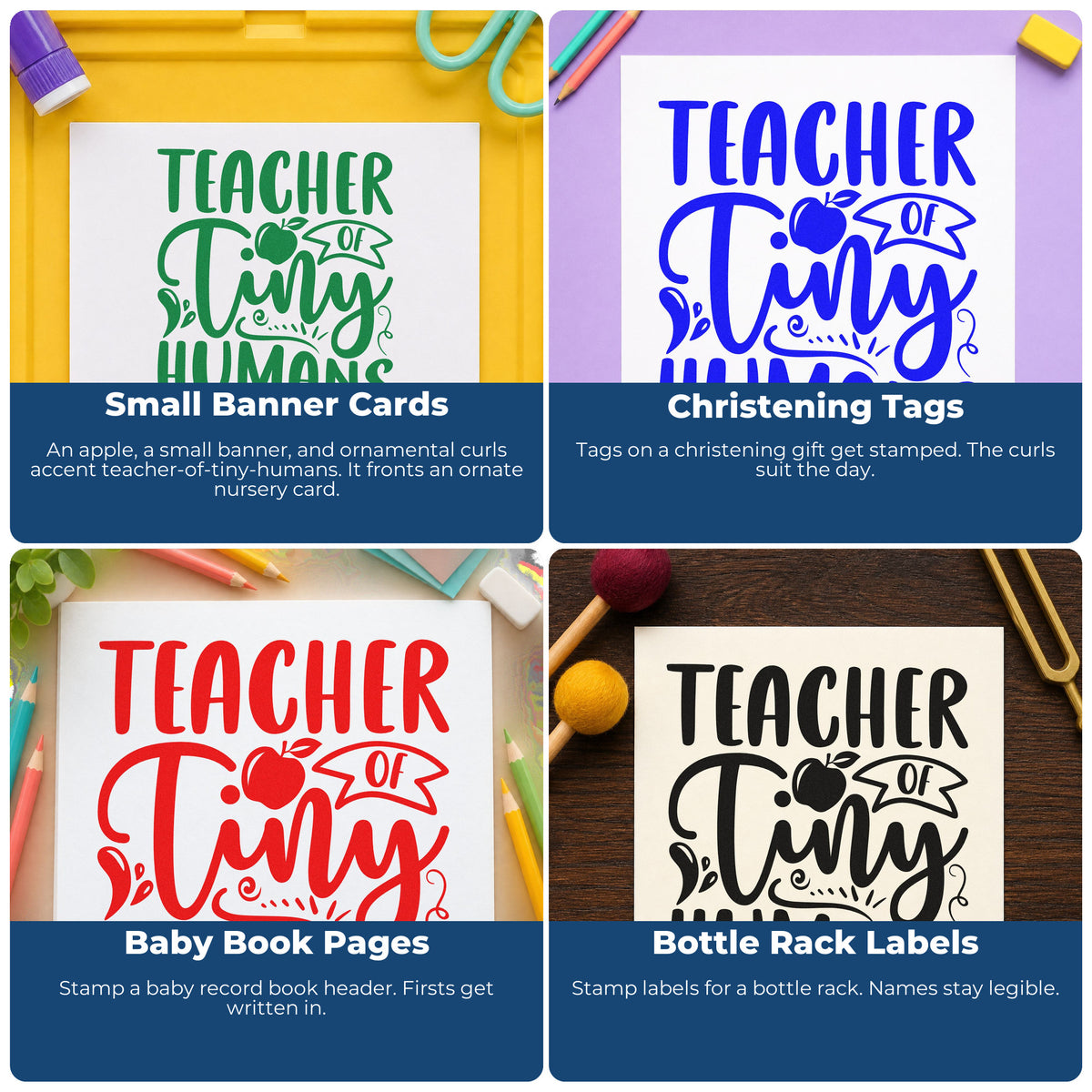 Four ways to use the Teacher Of Tiny Humans Apple Stamp – PSI Pre-Inked: small banner cards, christening tags, baby book pages and bottle rack labels.