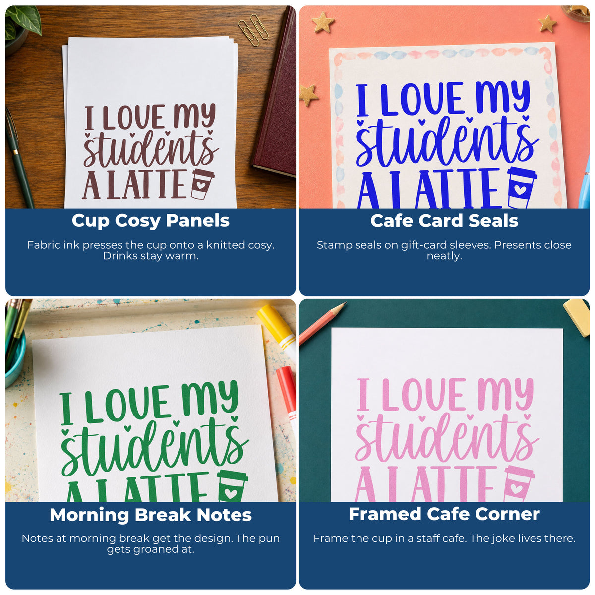 Custom teacher rubber stamps for classroom crafts, bulletin boards, SEL activities, and hall passes with fun educator designs.