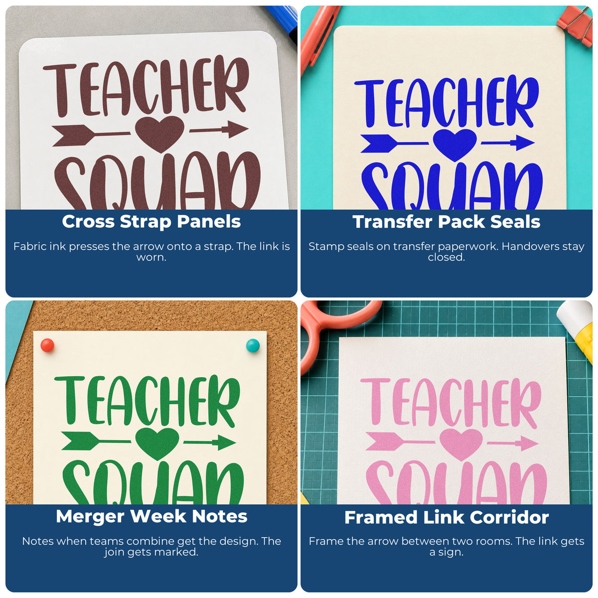 Four ways to use the Heart And Arrow Teacher Squad PSI Pre-Inked Stamp: cross strap panels, transfer pack seals, merger week notes and framed link corridor.