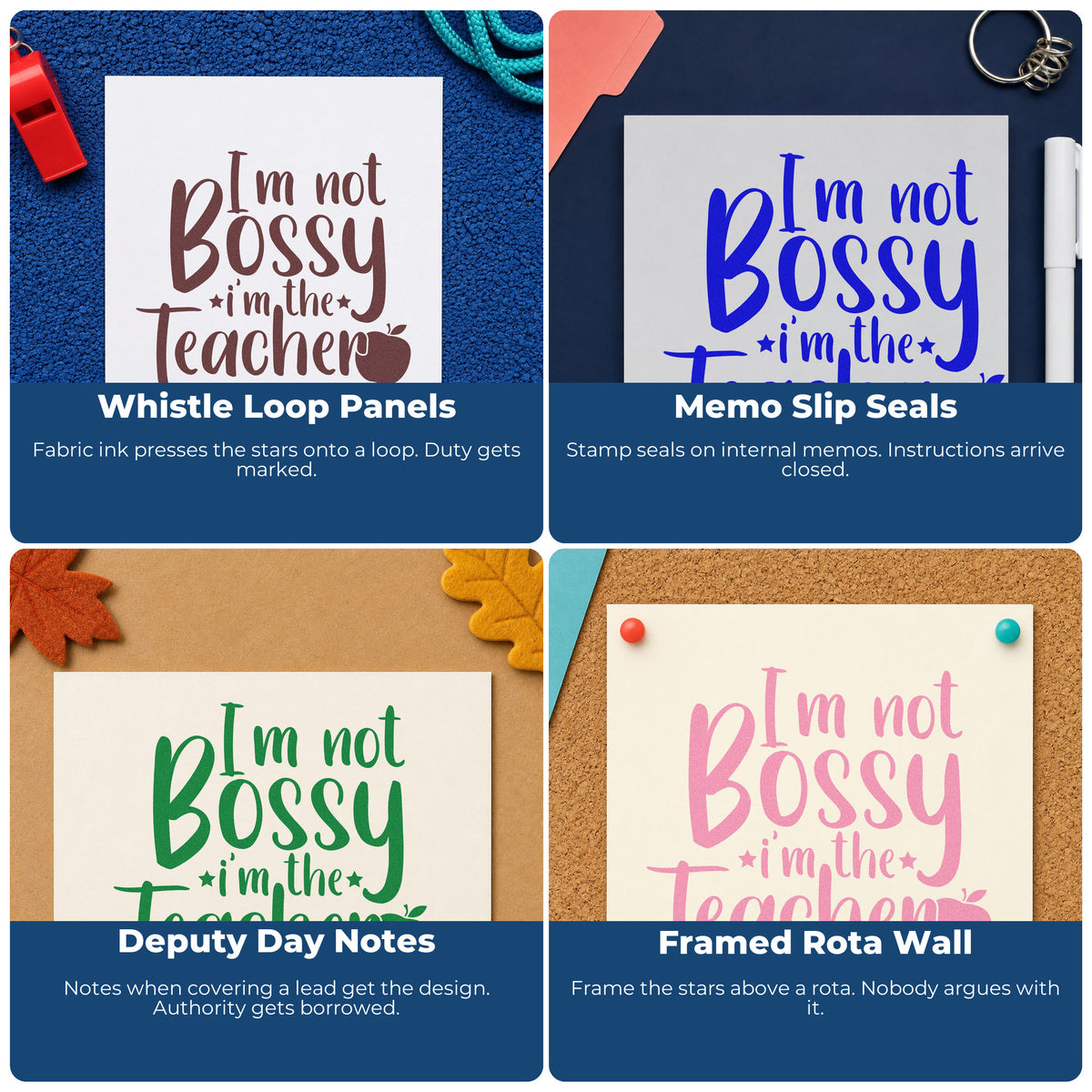 Teacher rubber stamps for classroom crafts, bulletin boards, SEL, and hall passes with motivational designs and custom school messages.