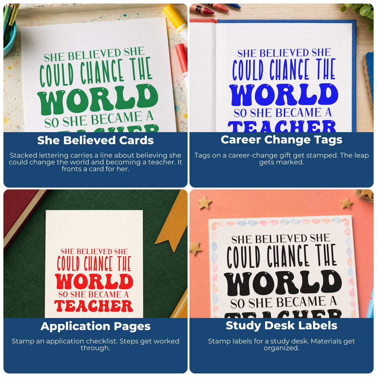 Teacher rubber stamps collage showing grading feedback, parent communication, student rewards, and homework folder reminders.