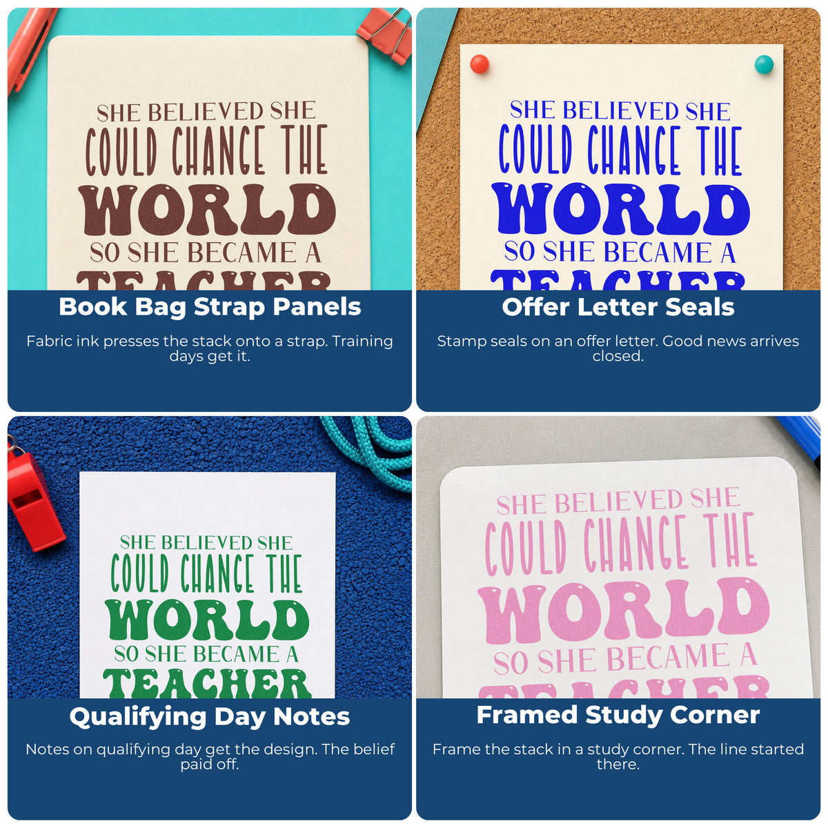 Teacher rubber stamp collage showing classroom stamp ideas for crafts, bulletin boards, SEL, hall passes, and student notes.