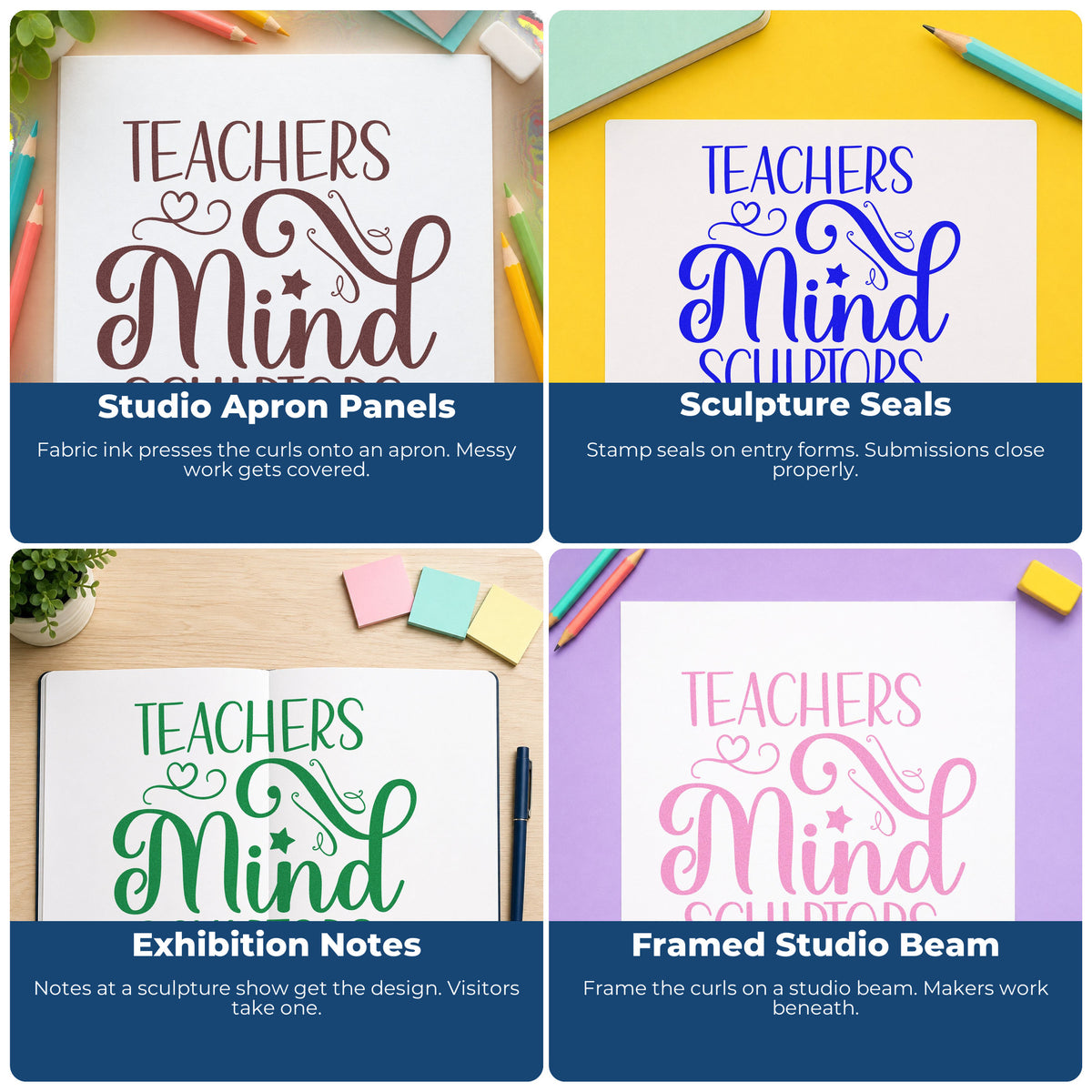 Four ways to use the Teachers Mind Sculptors Premium Wooden Stamp - Vintage Pro: studio apron panels, sculpture seals, exhibition notes and framed studio beam.