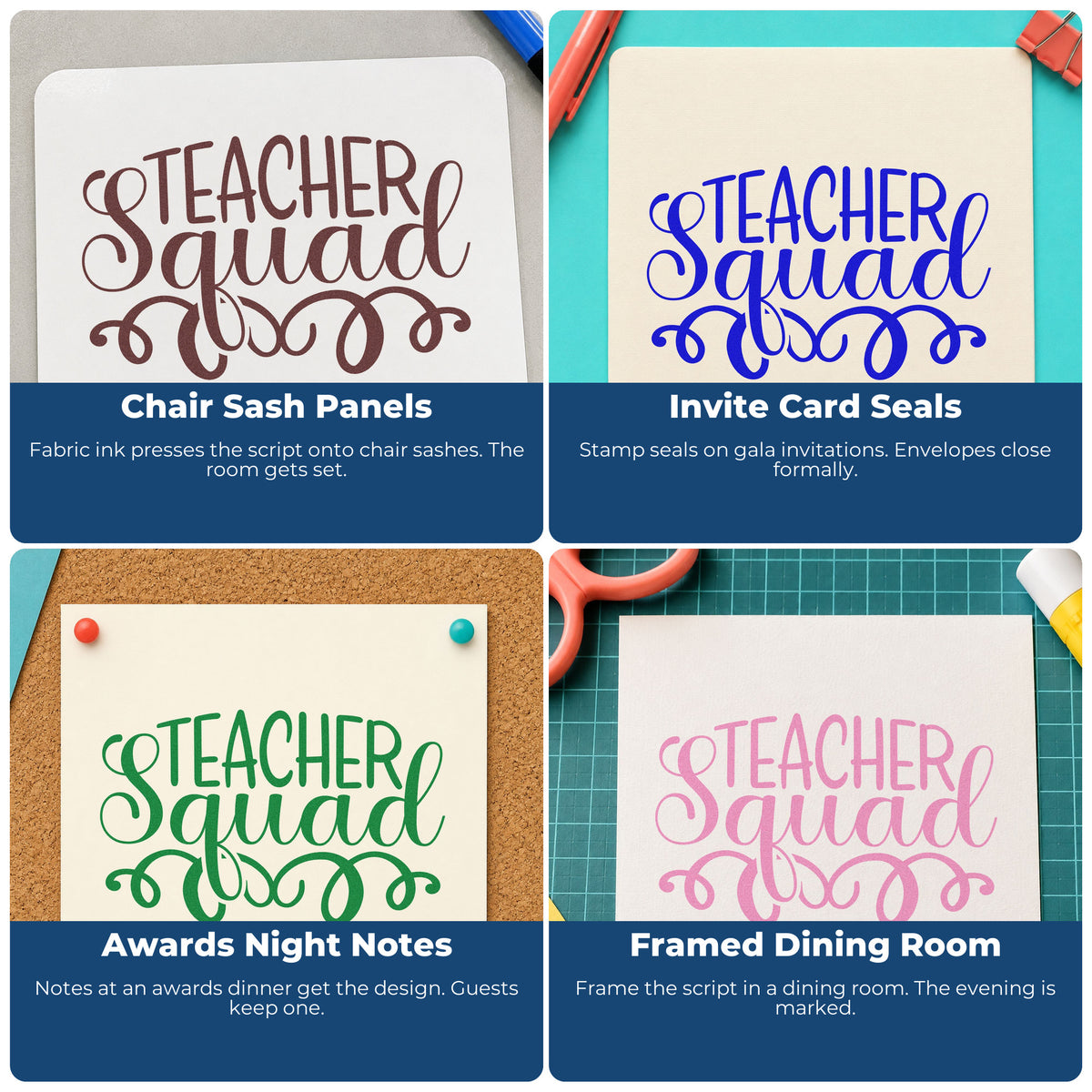 Custom teacher rubber stamp examples for classroom crafts, bulletin boards, social-emotional learning, and hall passes.