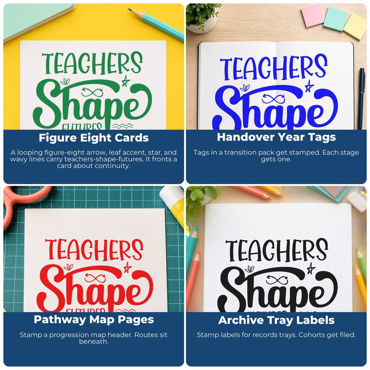Four ways to use the Teachers Shape Futures Arrow Loop Pre-Inked Stamp – Slim: figure eight cards, handover year tags, pathway map pages and archive tray labels.