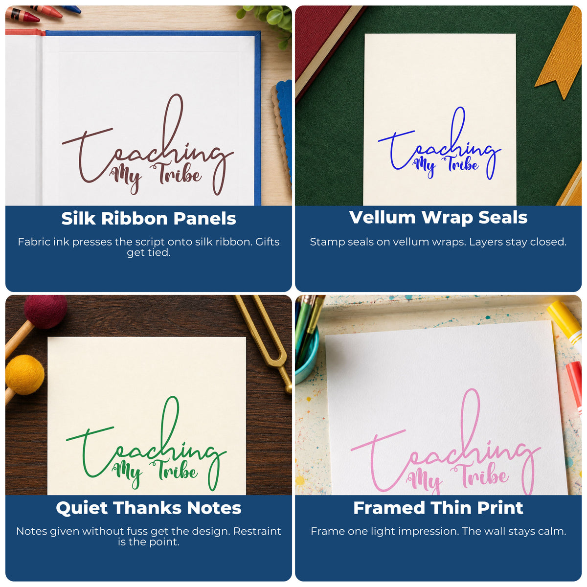 Classroom rubber stamps for teachers: project decoration, bulletin boards, SEL messages, and hall passes with custom school designs.
