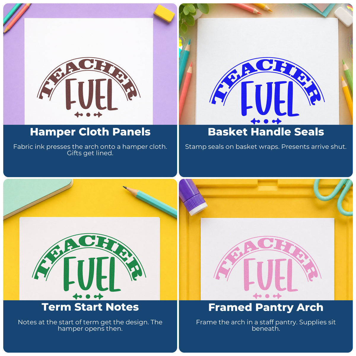 Four ways to use the Teacher Fuel Arched Lettering Pre-Inked Stamp – Slim: hamper cloth panels, basket handle seals, term start notes and framed pantry arch.